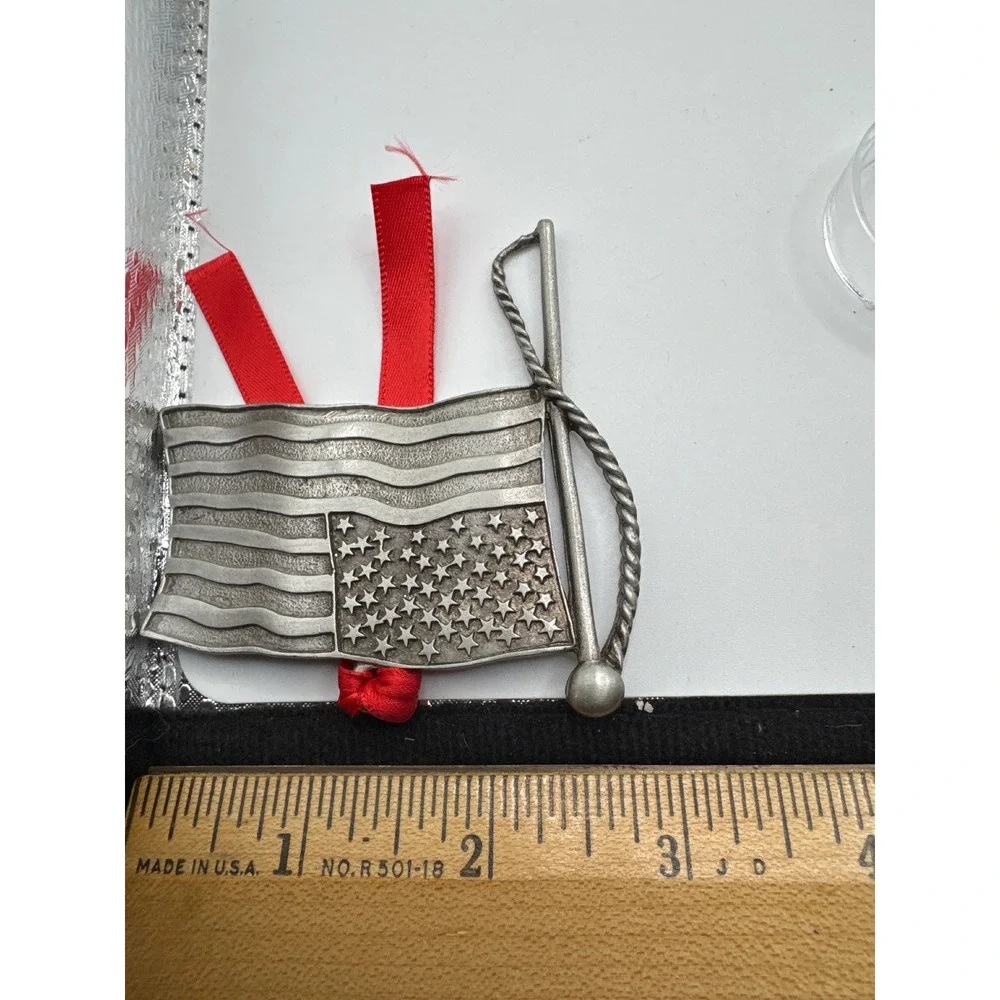 Gloria Duchin 2002 American Flag Pewter Tone Metal Christmas Ornament USA Made